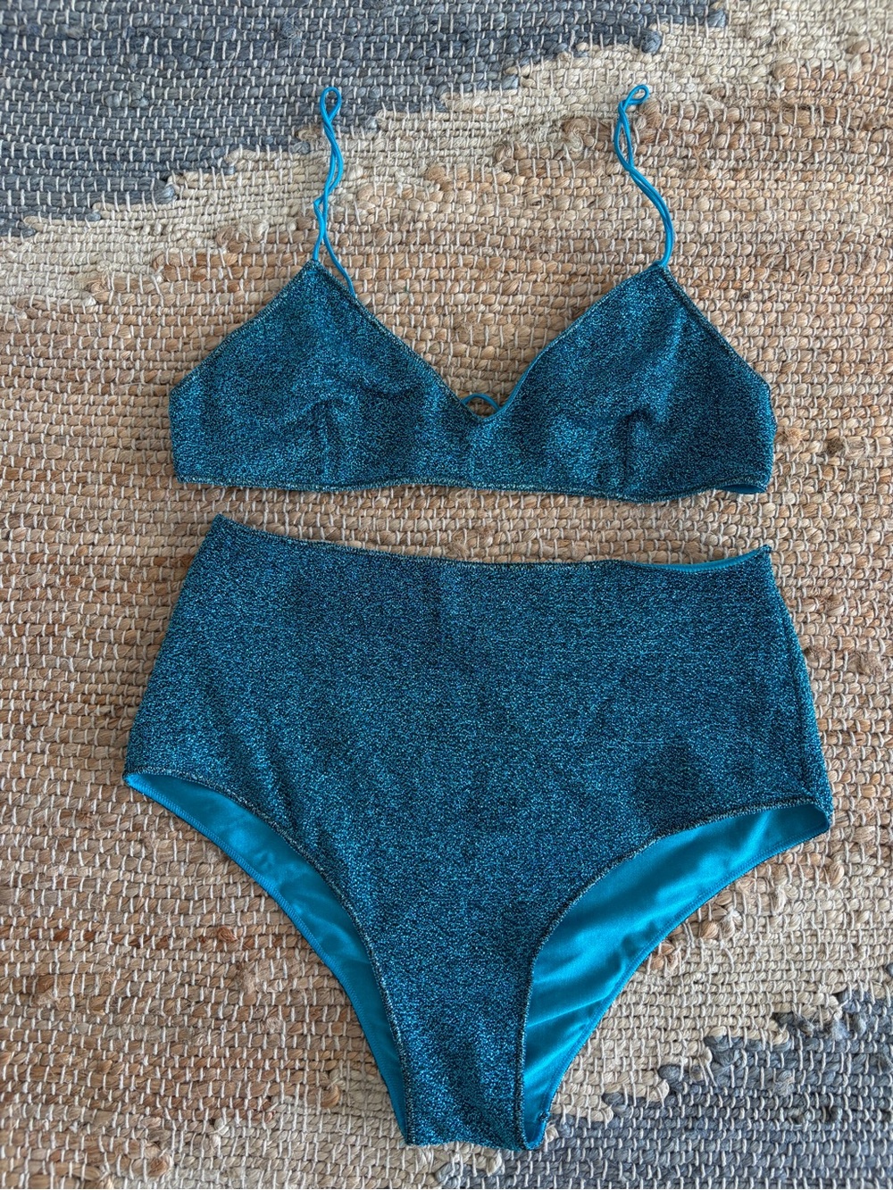 Oséree Lumière High Waisted Glitter Bikini Set Teal Blue Size M